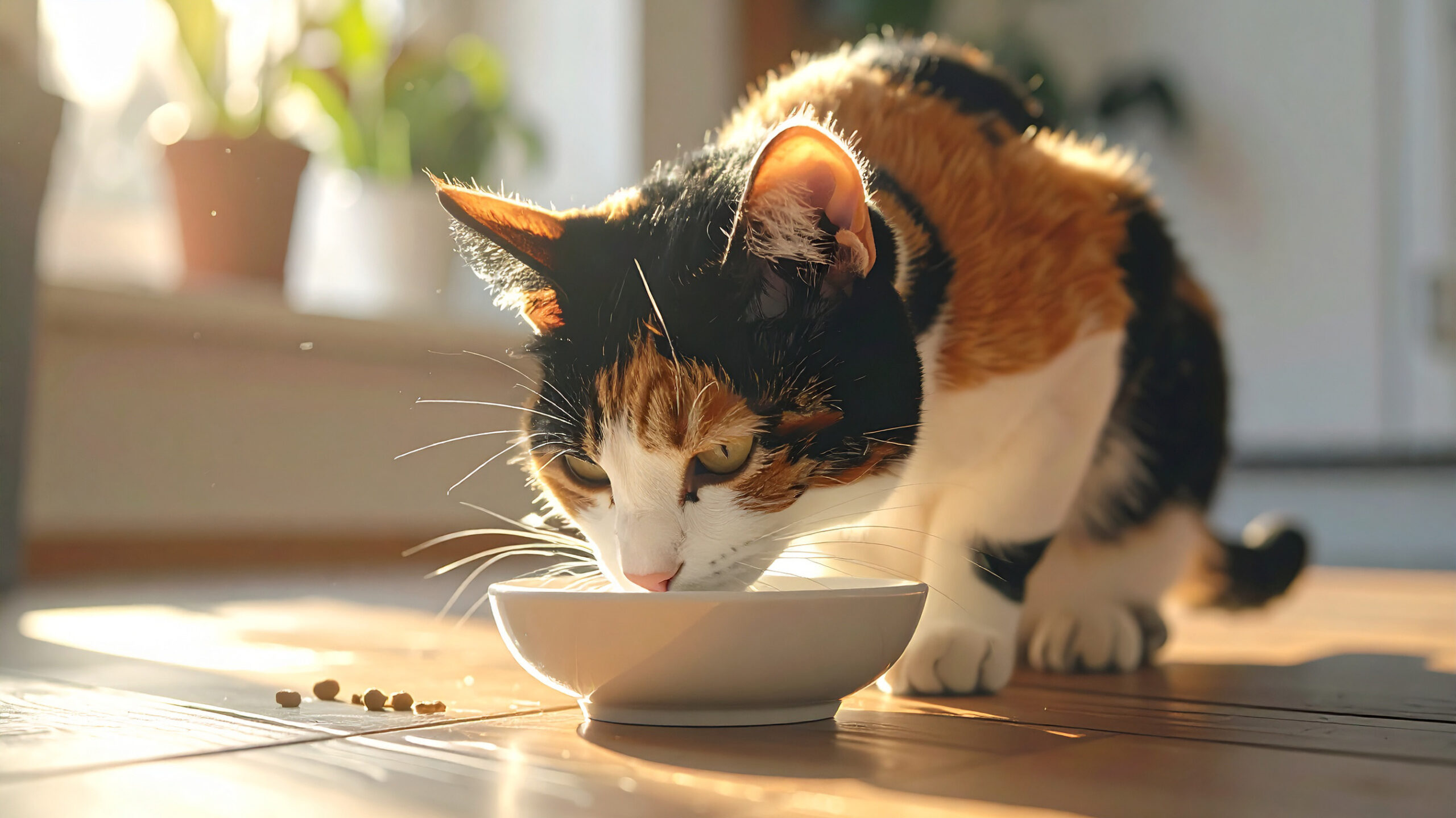 ごはんを食べる三毛猫