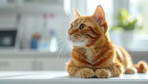 診察台の上の茶トラ猫