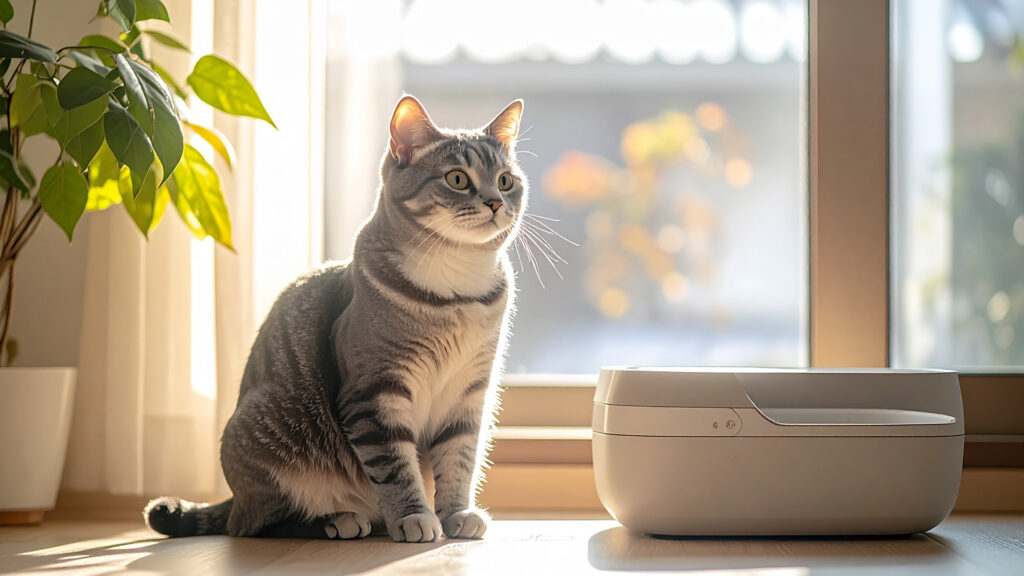 窓辺でくつろぐグレーの猫とスマートトイレ