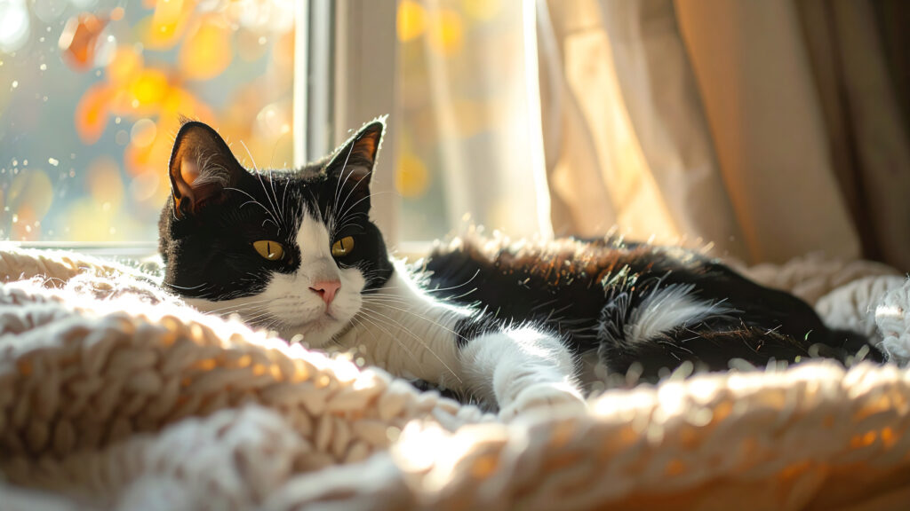 窓辺でくつろぐ白黒猫