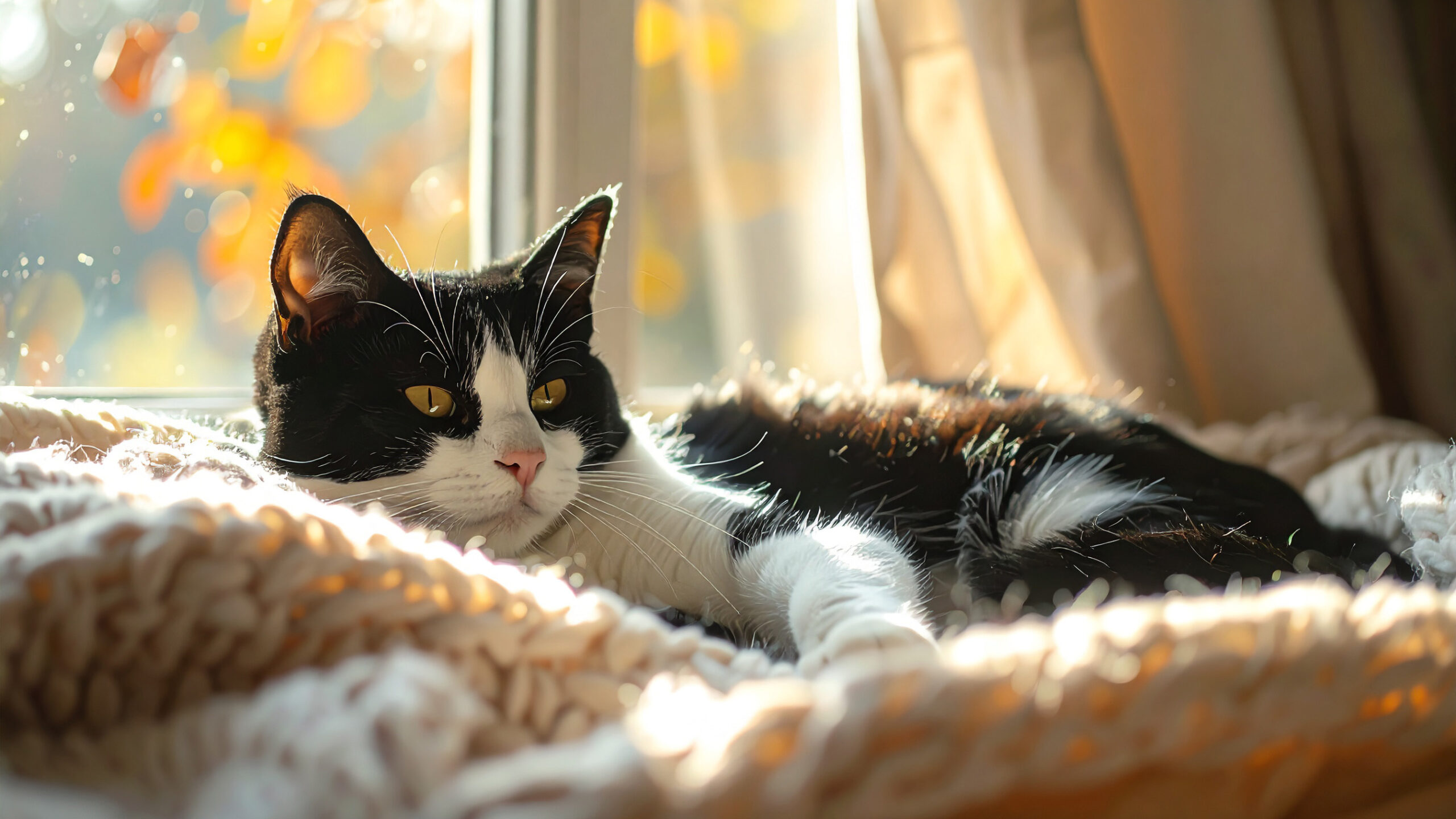 窓辺でくつろぐ白黒猫