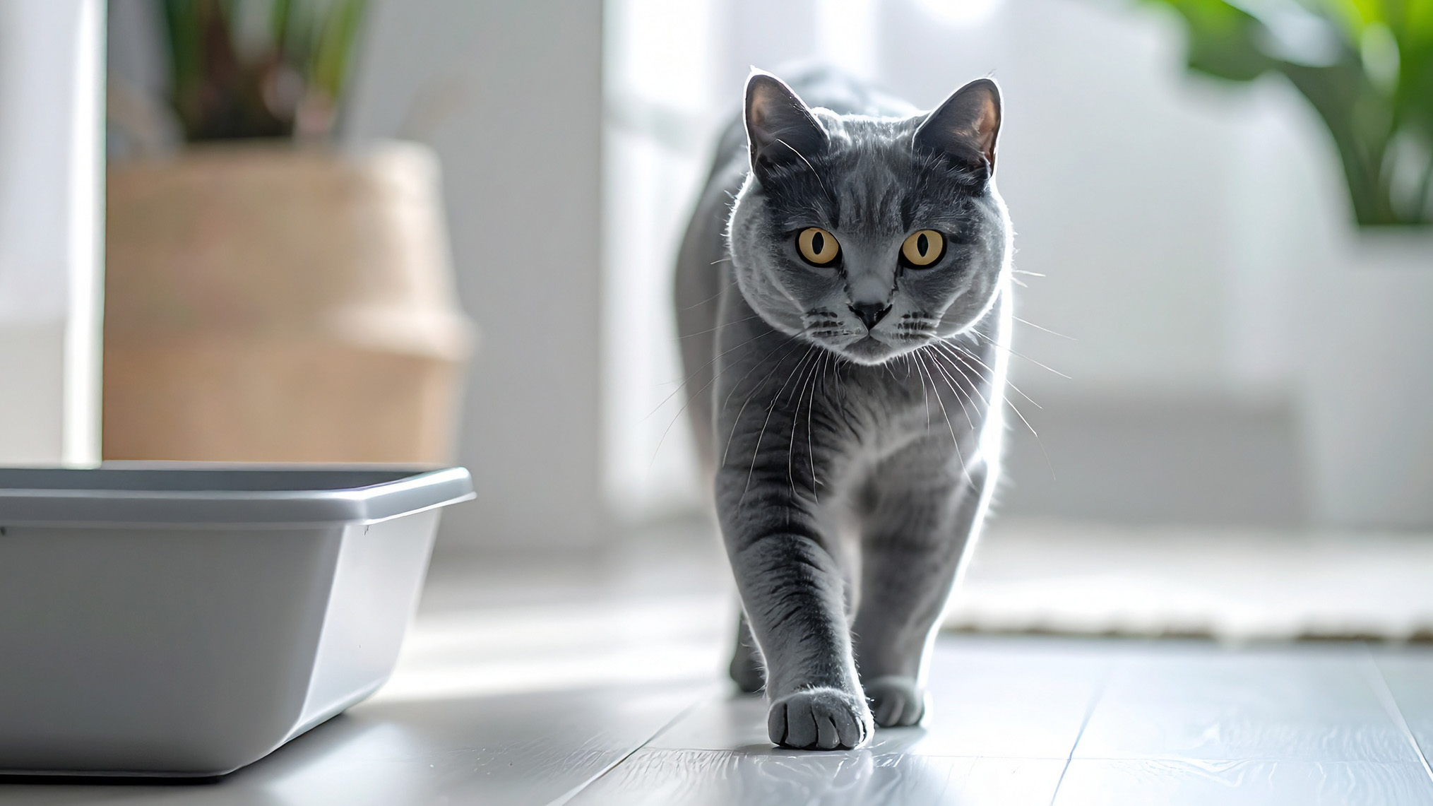 トイレに向かうグレーの猫