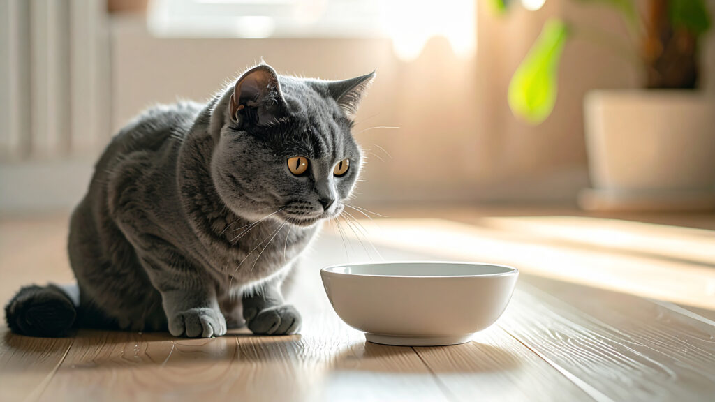給水器の前に座るグレーの猫
