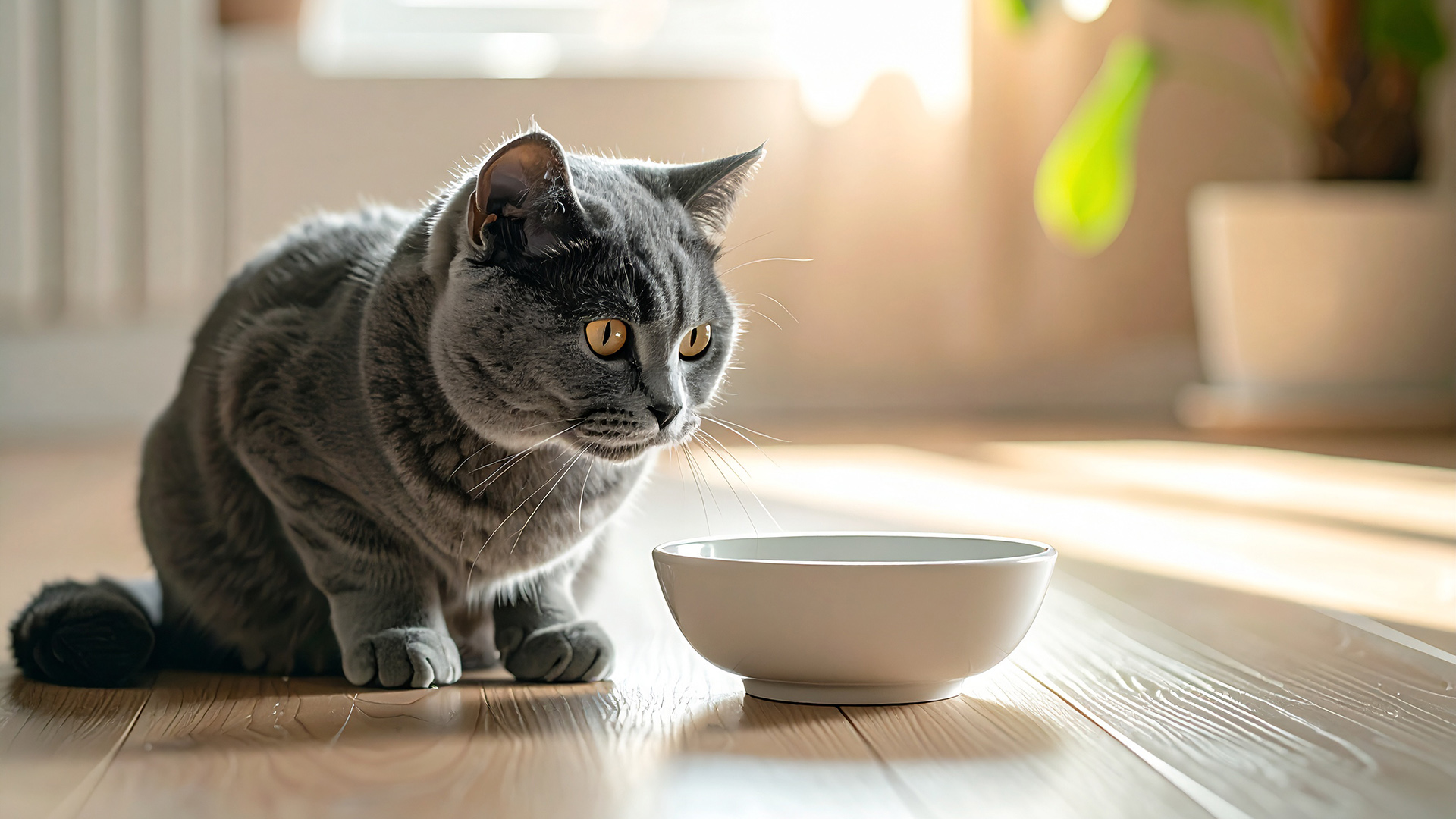給水器の前に座るグレーの猫