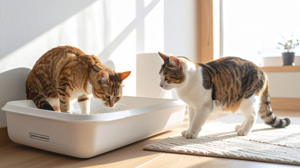 白いスマートトイレに近づくキジトラ猫と白猫