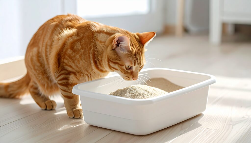 茶トラ猫が白いトイレボックスの猫砂を確認している様子