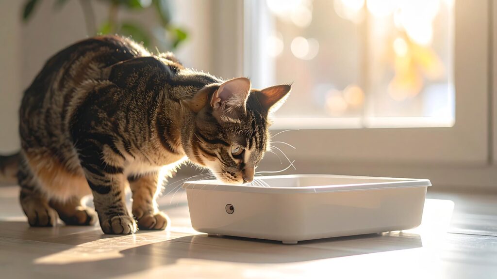 キジトラ猫がスマートトイレのそばで様子をうかがっている様子
