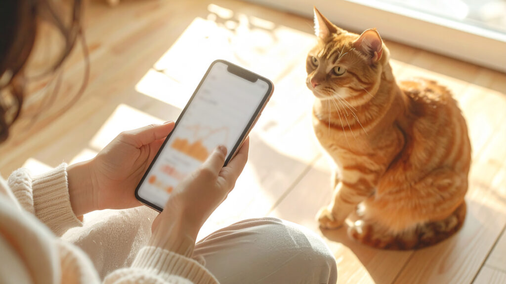 スマートフォンの猫トイレデータ画面を見せる飼い主