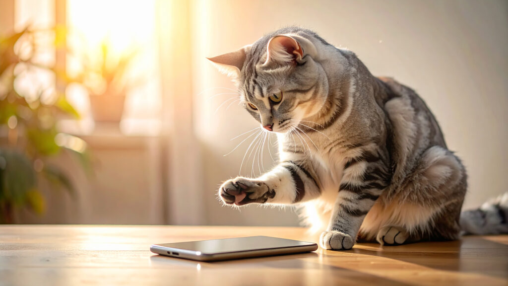 スマートフォンの画面に触れようとするサバトラ猫