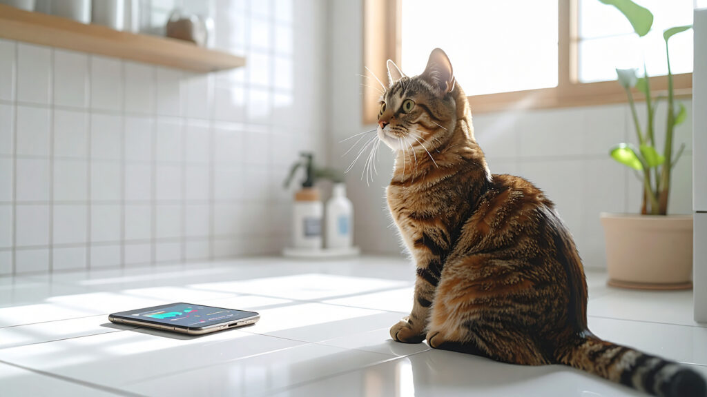 バスルームの床に座るキジトラ猫と、そばに置かれたデータグラフが映るスマートフォン